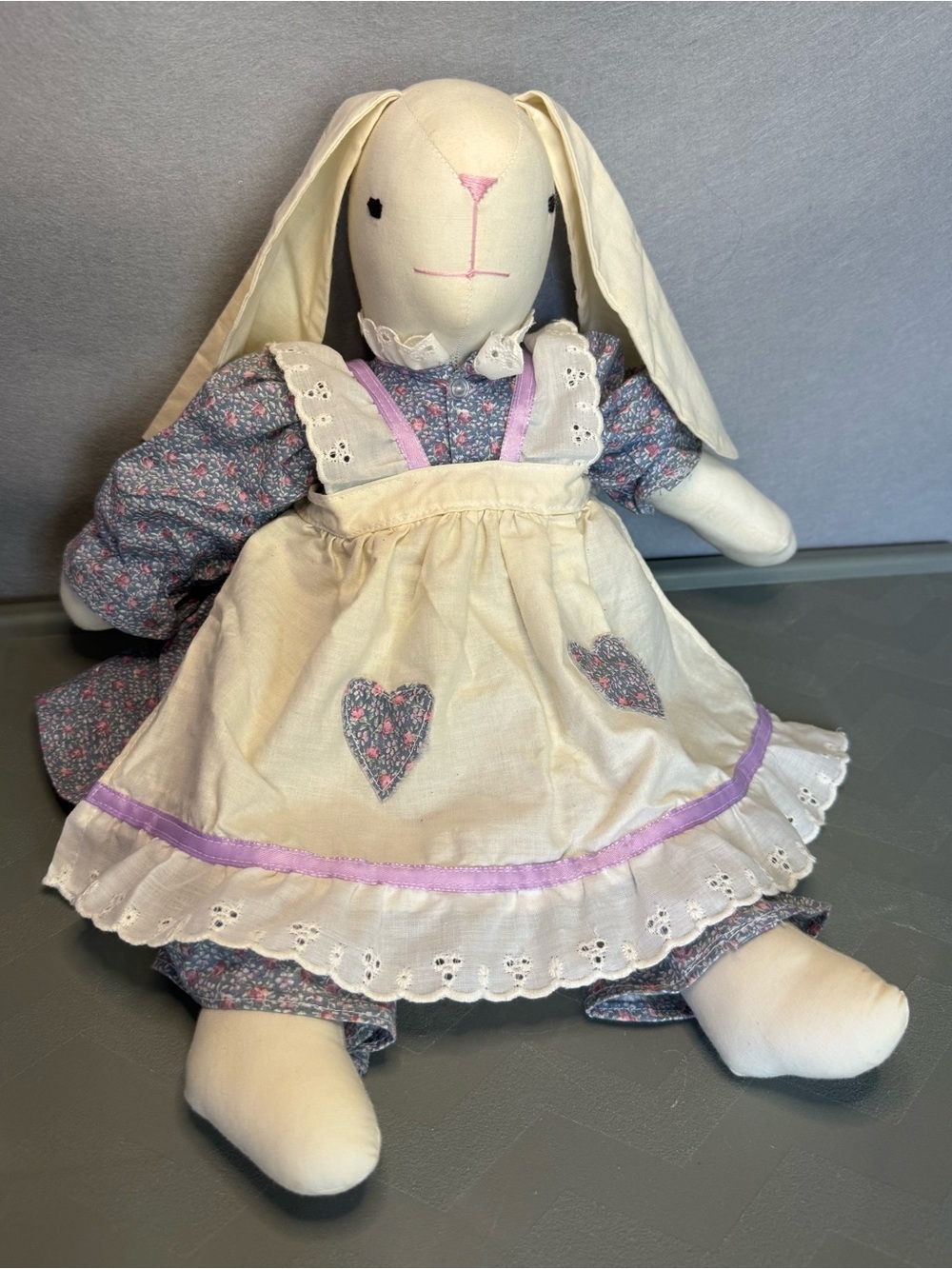 Handmade Vintage Country-Style Bunny Rag Doll Cloth Body Floppy Ears Lace Dress